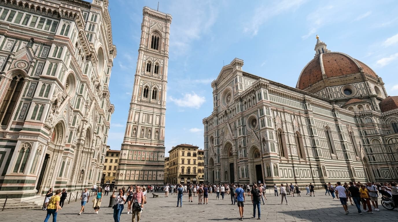 Giotto's Bell Tower soaring in Piazza del Duomo Florence