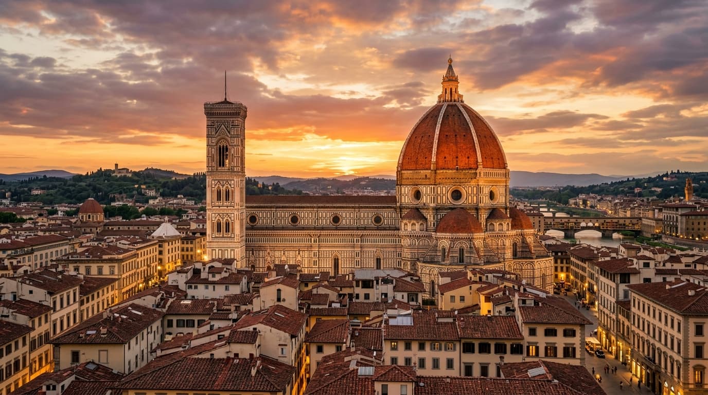 Florence Cathedral Santa Maria del Fiore and Brunelleschi Dome at golden hour