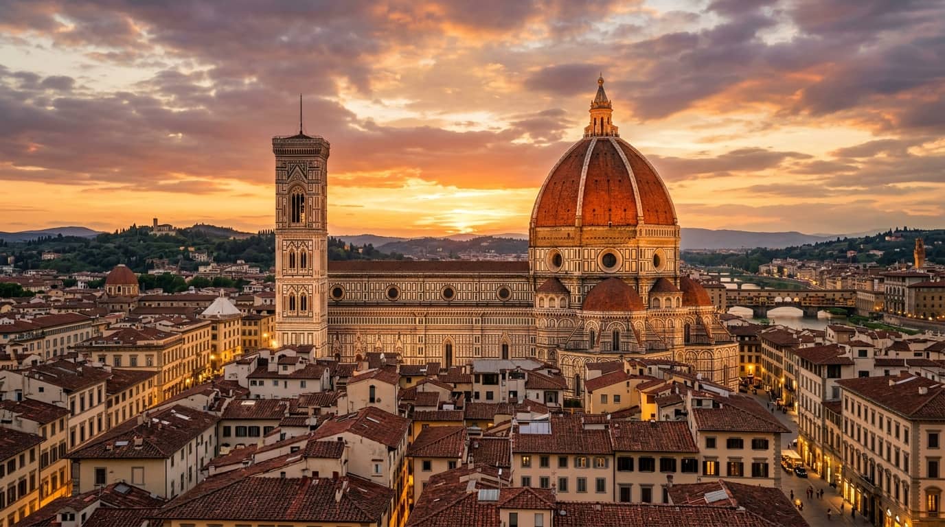 Florence Cathedral Santa Maria del Fiore and Brunelleschi Dome at golden hour