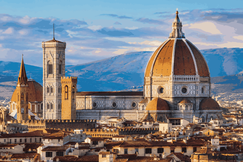 Florence Duomo with Brunelleschi’s dome and Giotto’s Bell Tower rising above the historic city centre.