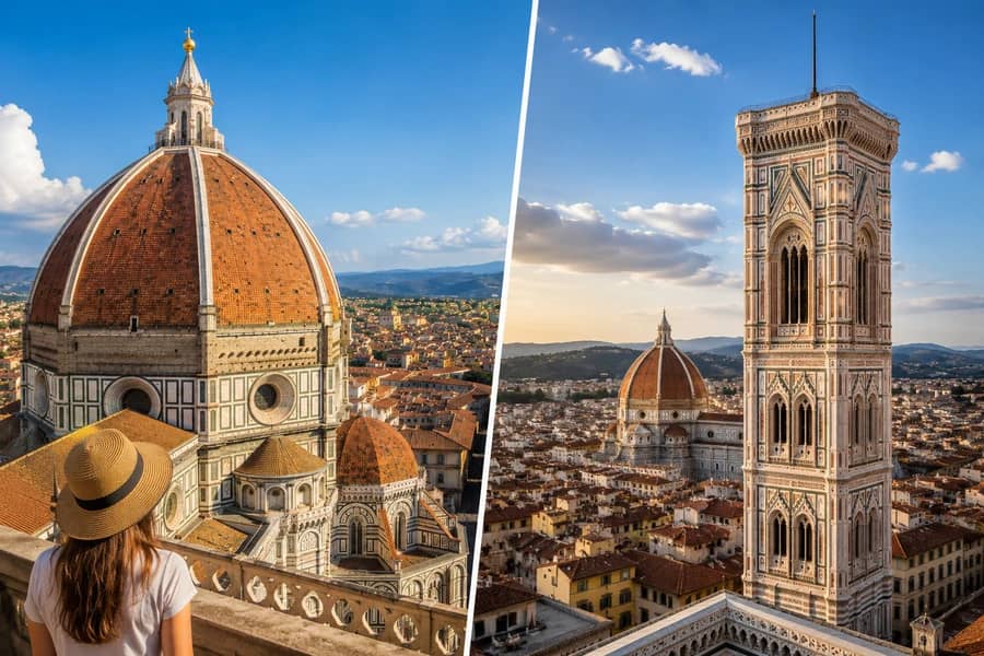 Brunelleschi’s Dome and Giotto’s Bell Tower in Florence with panoramic views across the historic city centre.