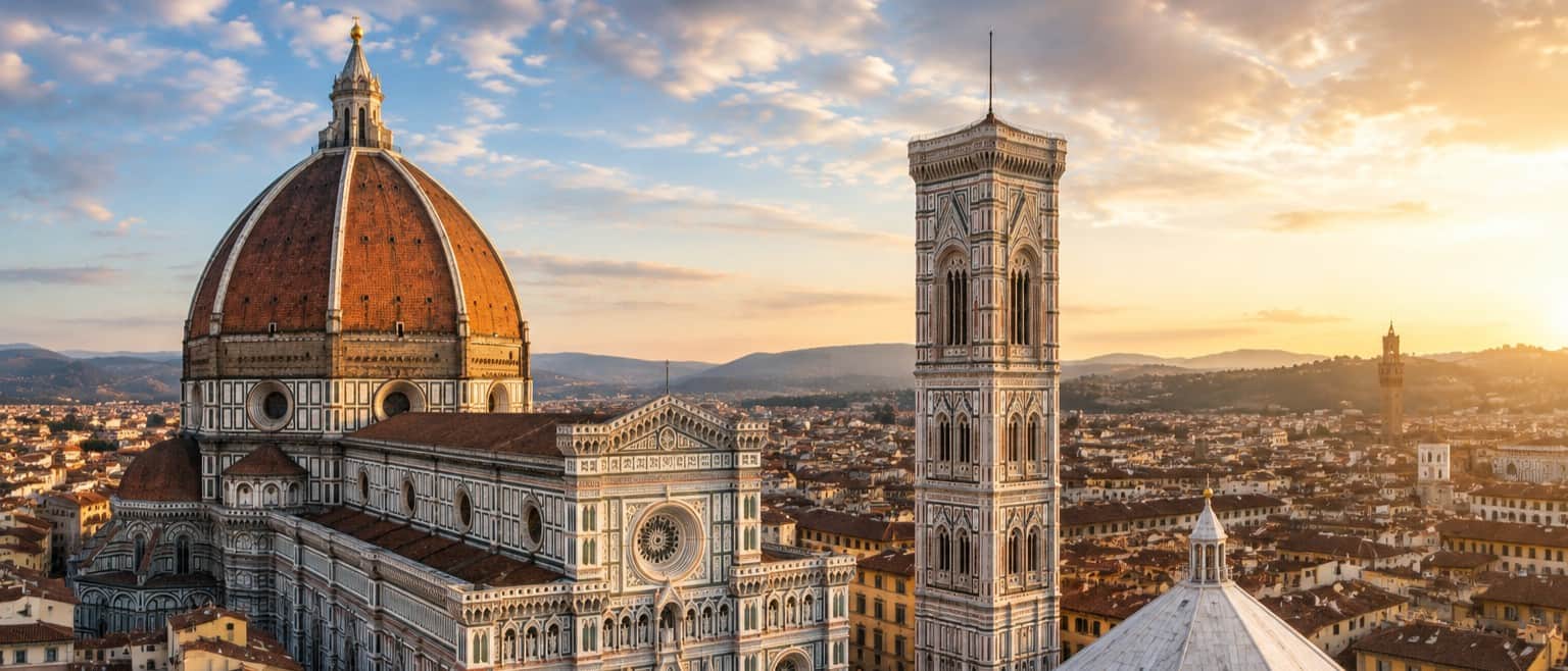 Florence Duomo complex with Brunelleschi’s Dome, Giotto’s Bell Tower and Baptistery overlooking the historic city centre.