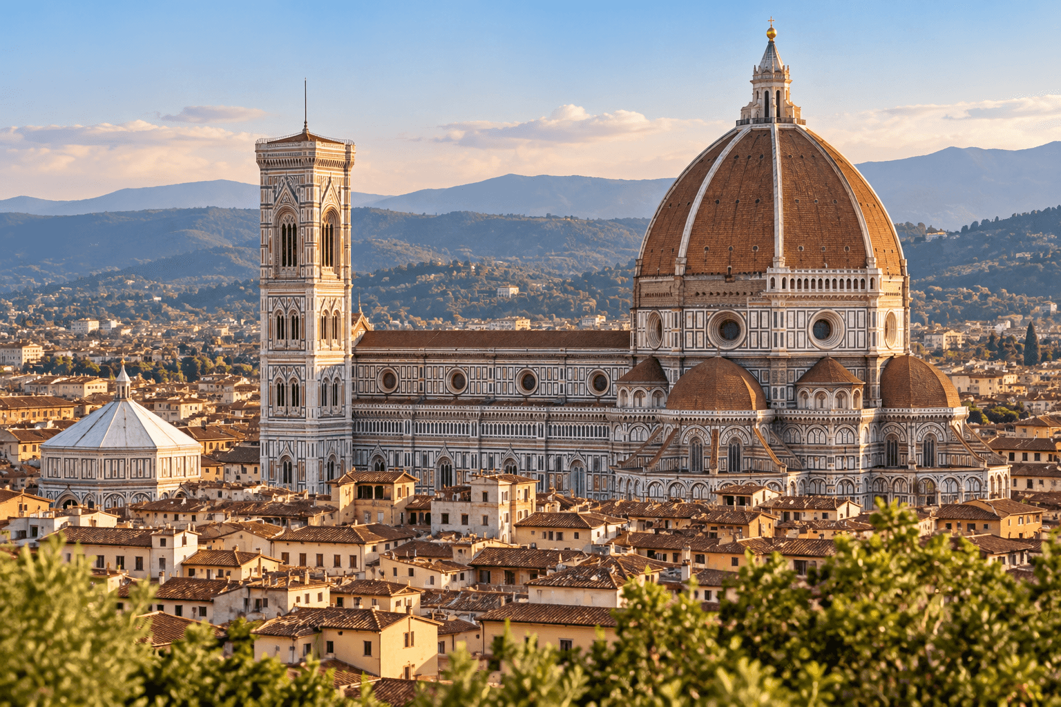 Florence Duomo with Brunelleschi’s Dome and Giotto’s Bell Tower overlooking Florence, Italy.